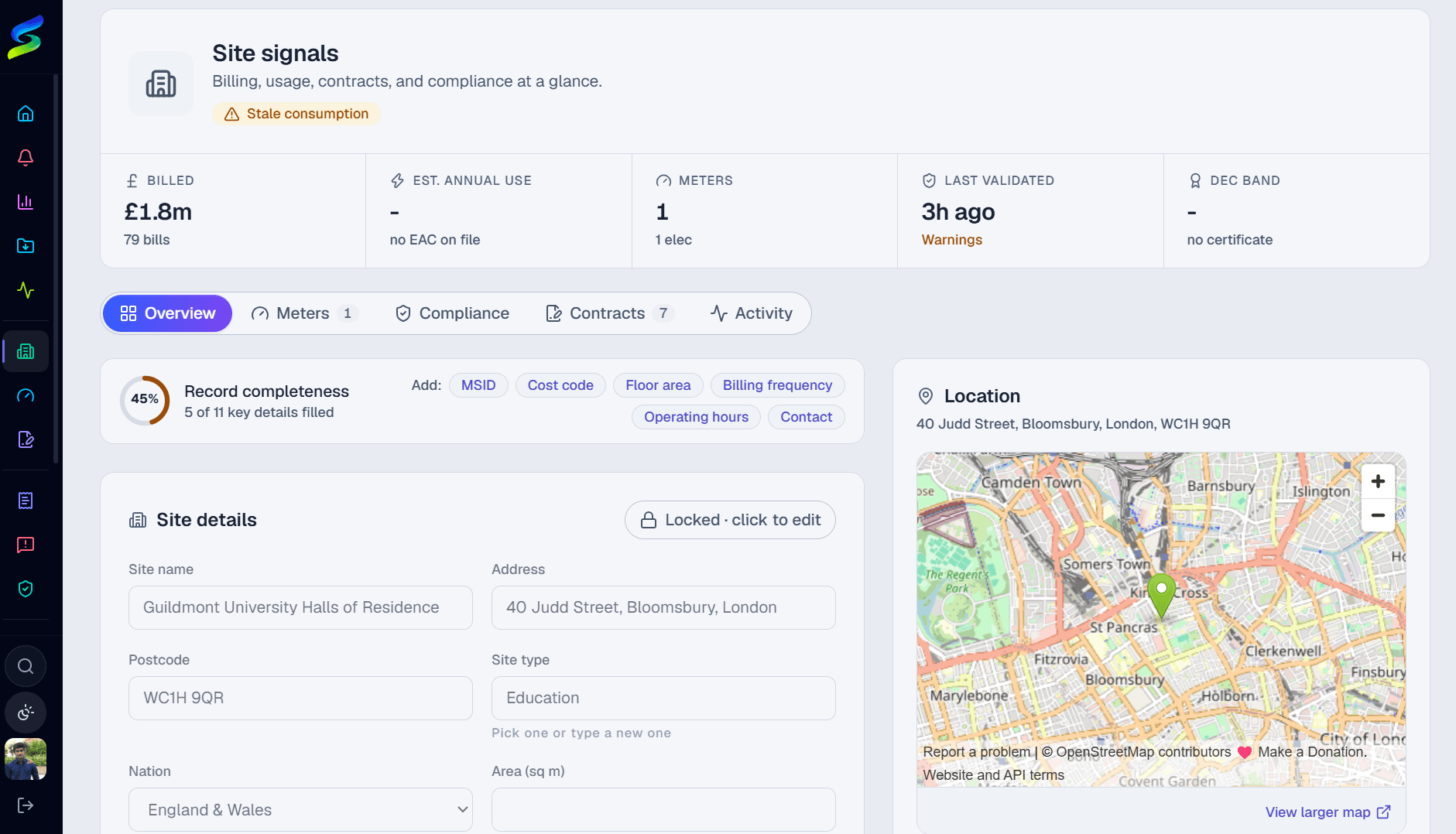 A site record showing meters, contracts, compliance and billing history together